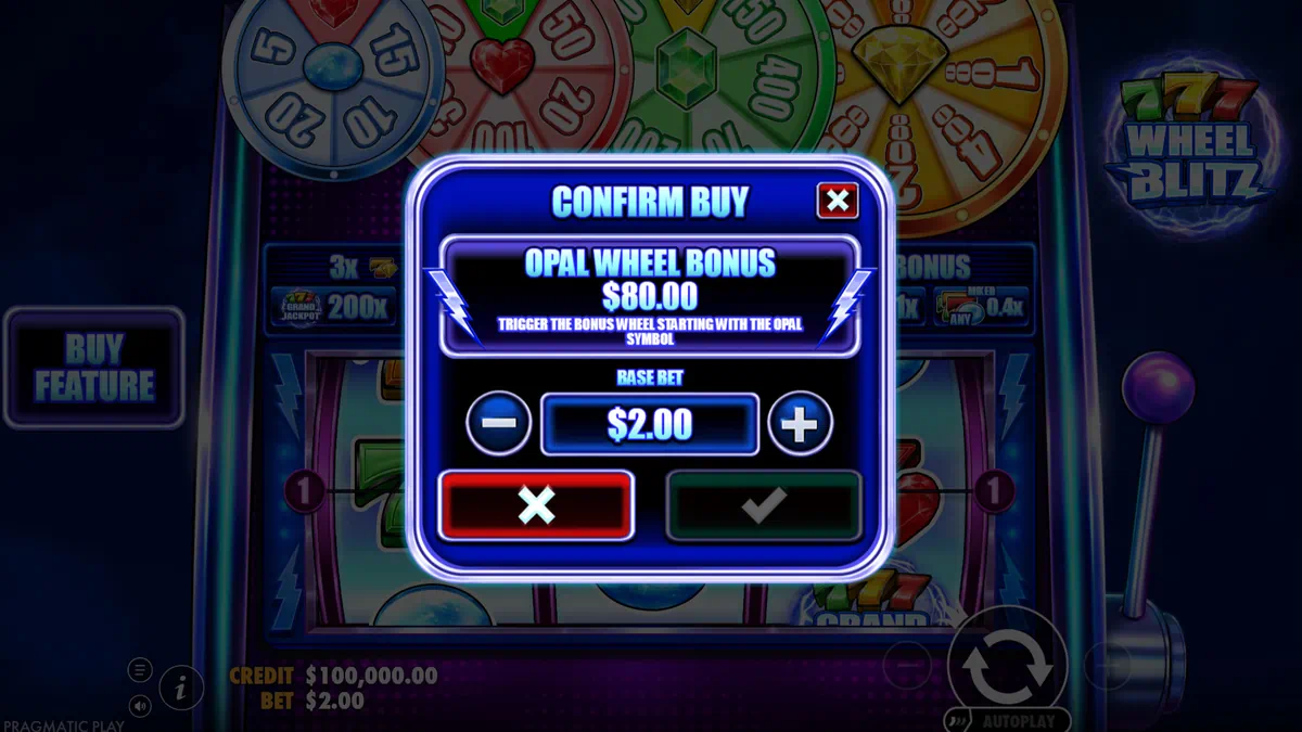 777 Wheel Blitz buy feature confirmation screen for the Opal Wheel Bonus