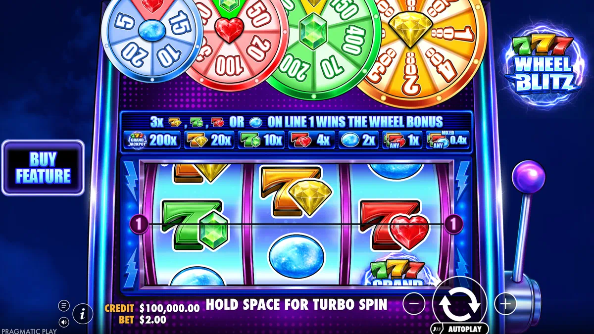 777 Wheel Blitz by Pragmatic Play - main game interface with four bonus wheels