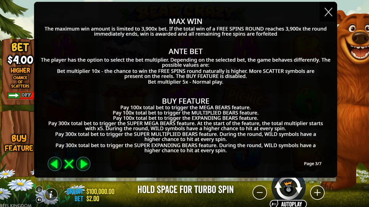 Bear Crazy game rules showing Max Win 3900x cap, Ante Bet options and Buy Feature menu with Mega Bears, Multiplied Bears, Expanding Bears at 100x and Super versions at 300x total bet