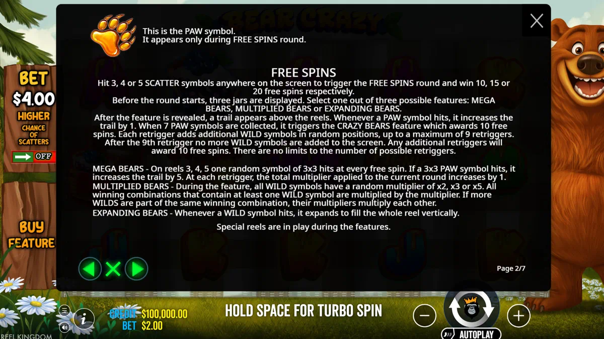 Bear Crazy free spins rules page showing the honey paw symbol and explanation of Mega Bears, Multiplied Bears and Expanding Bears features plus the Crazy Bears paw collection trail mechanic