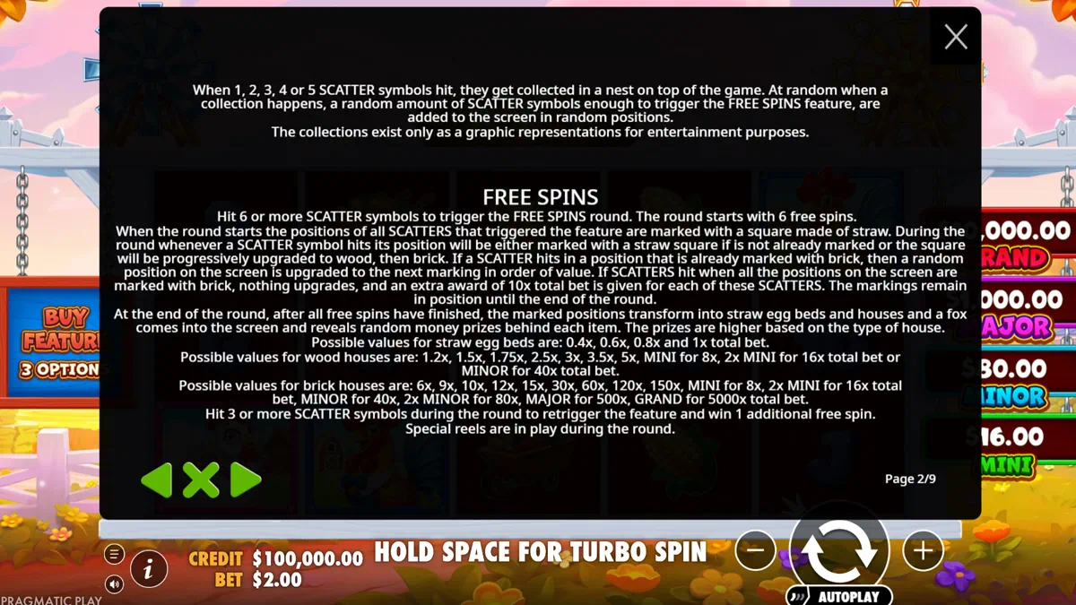 Better Barn House Bonanza free spins rules page explaining the scatter nest collection, straw wood brick marking system and end-of-round house reveal money prizes by the fox