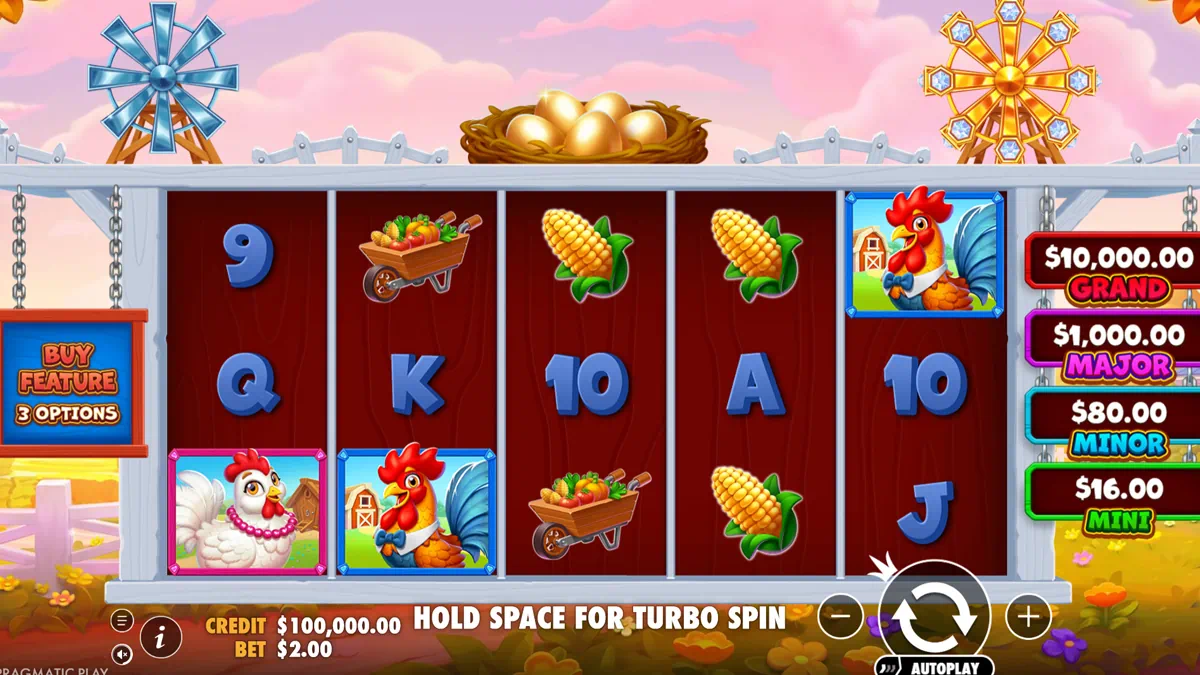 Better Barn House Bonanza by Pragmatic Play - main game interface showing 5 reel grid with rooster, hen, corn and wheelbarrow symbols, golden egg nest, windmill and ferris wheel, plus GRAND MAJOR MINOR MINI jackpot ladder