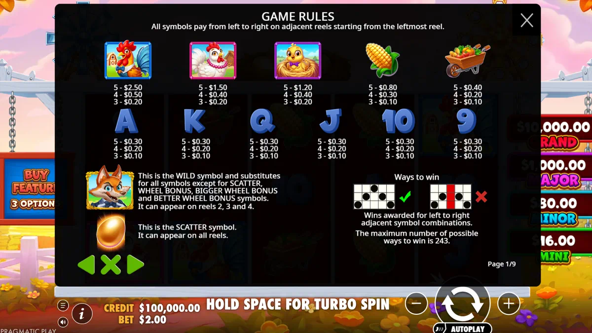 Better Barn House Bonanza paytable showing rooster, hen, chick, corn and wheelbarrow farm symbols plus A K Q J 10 9 card royals with their payout values and the fox wild and golden egg scatter