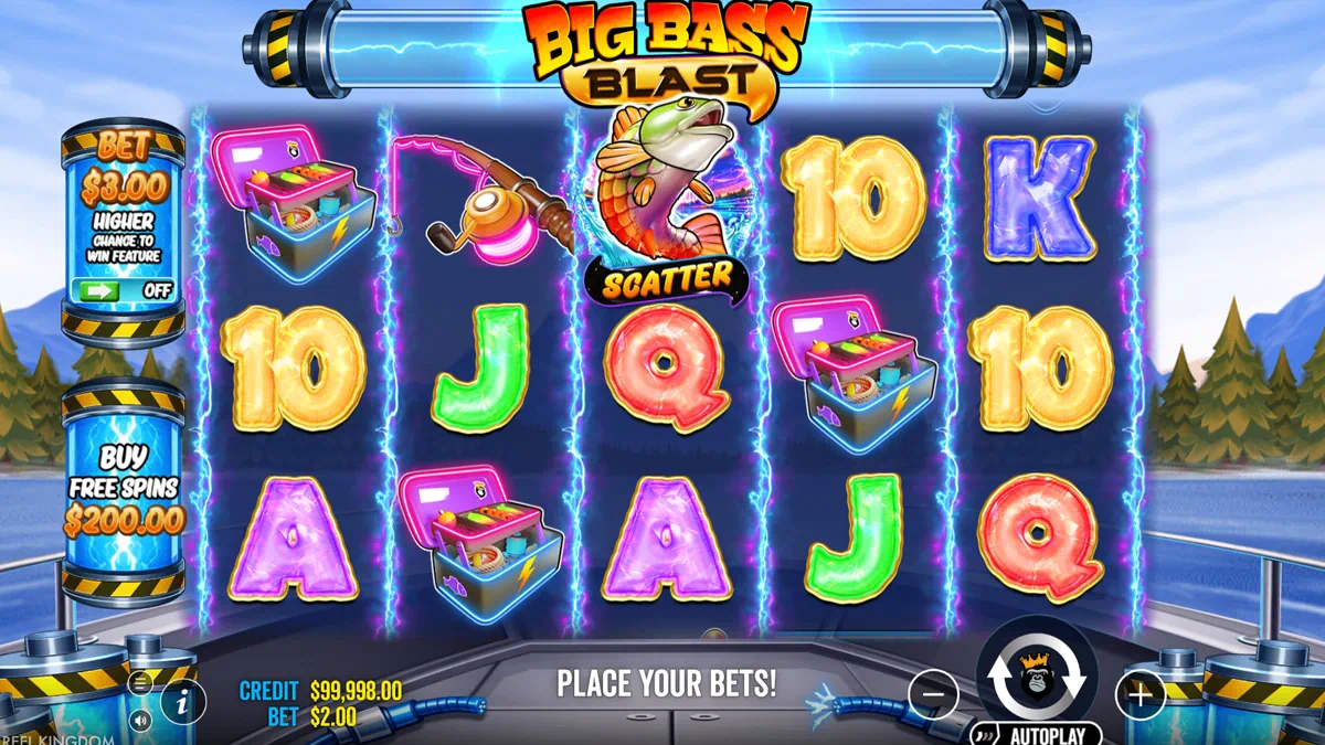 Big Bass Blast by Pragmatic Play - main game interface showing 5x3 reel grid with fishing rod, tackle box, scatter fish symbol and electric lightning-themed reels on a lake boat background