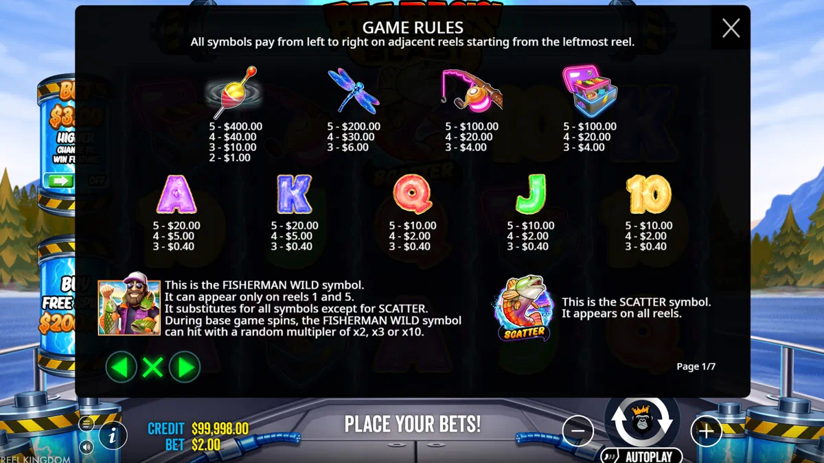 Big Bass Blast paytable showing fishing bobber float, dragonfly, fishing rod, tackle box symbols and card royals A K Q J 10 with their payout values and the Fisherman Wild explanation
