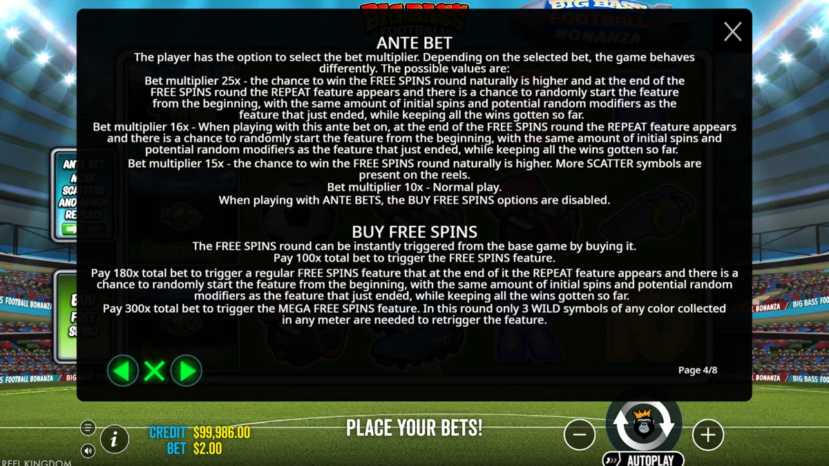 Big Bass Football Bonanza Ante Bet and Buy Free Spins rules page showing the four bet multiplier options 10x 15x 16x 25x and three buy feature options at 100x 180x and 300x