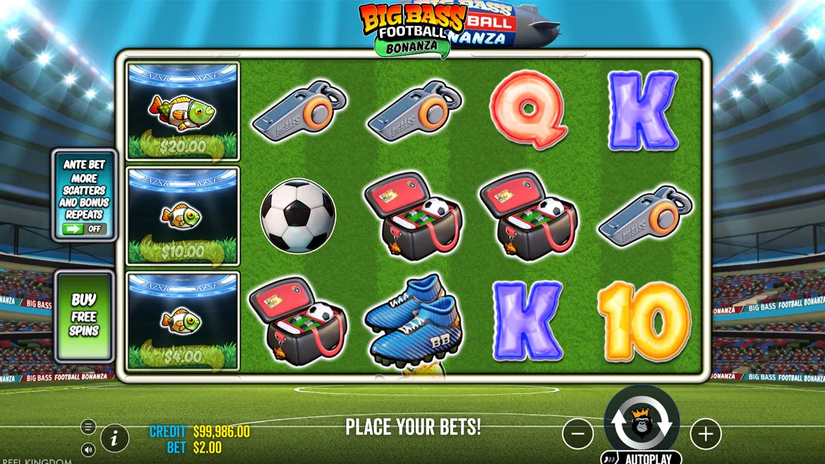 Big Bass Football Bonanza by Pragmatic Play - main game interface showing 5x3 reel grid with football, whistle, boots, sports bag and money fish symbols on a stadium pitch background