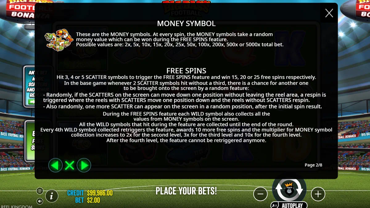 Big Bass Football Bonanza money symbol and free spins rules page showing scatter trigger amounts, wild collection mechanics and retriggering multipliers