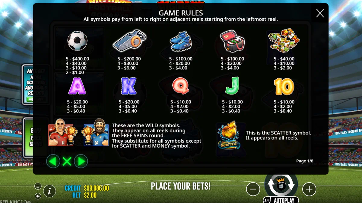 Big Bass Football Bonanza paytable showing football, whistle, boots, sports bag, fish money symbols and card royals A K Q J 10 with their respective payout values and wild scatter explanations