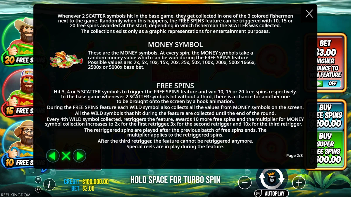 Big Bass Trophy Catch - Game rules explaining the Money Symbol values and Free Spins multiplier trail mechanics