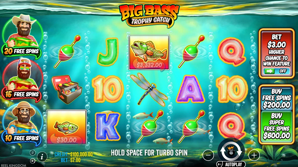 Big Bass Trophy Catch - Main game interface showing the 5x3 reels, premium symbols, and feature buy options