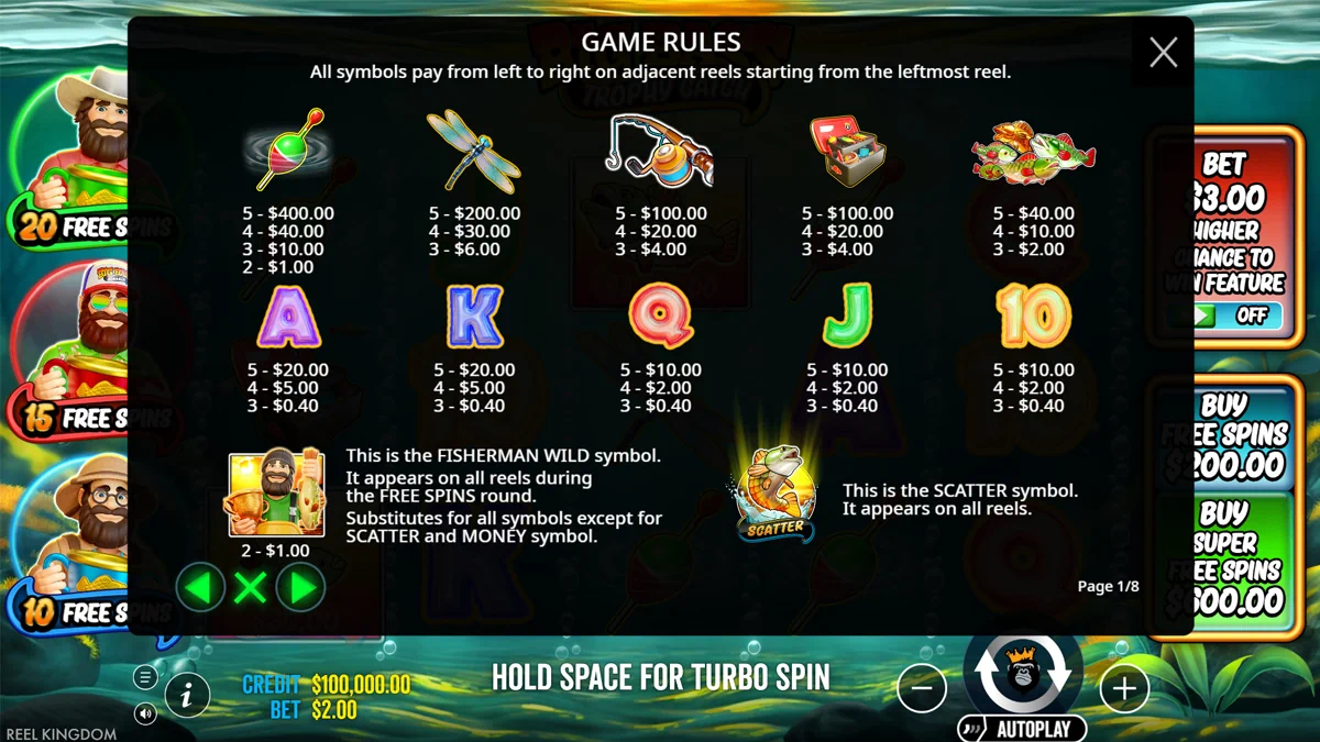 Big Bass Trophy Catch - Game rules and paytable showing symbol values, Fisherman Wild, and Scatter