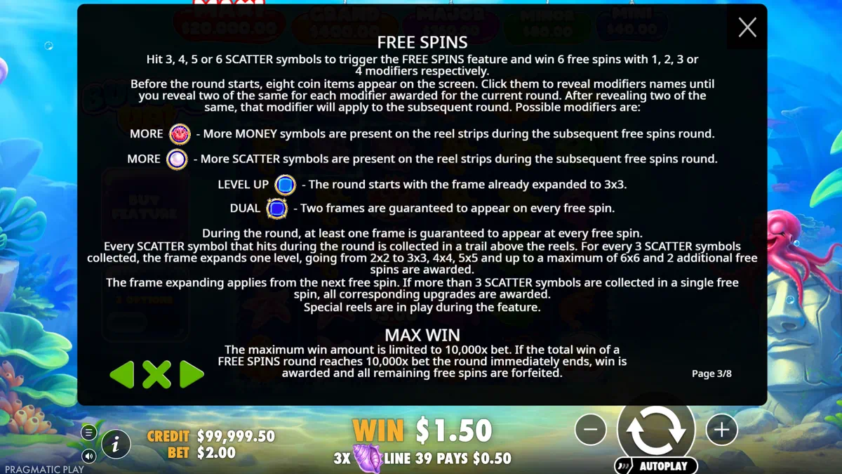 Bubble Up! Buy Feature menu showing Free Spins for 100x bet