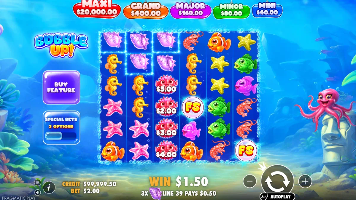Bubble Up! by Pragmatic Play - main game interface with 6x6 grid, frame feature and jackpot tiers
