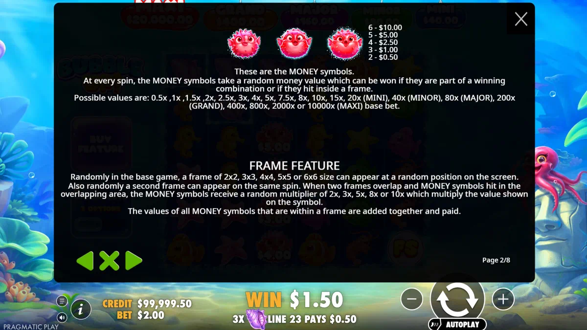 Bubble Up! MONEY symbols and frame feature rules explained