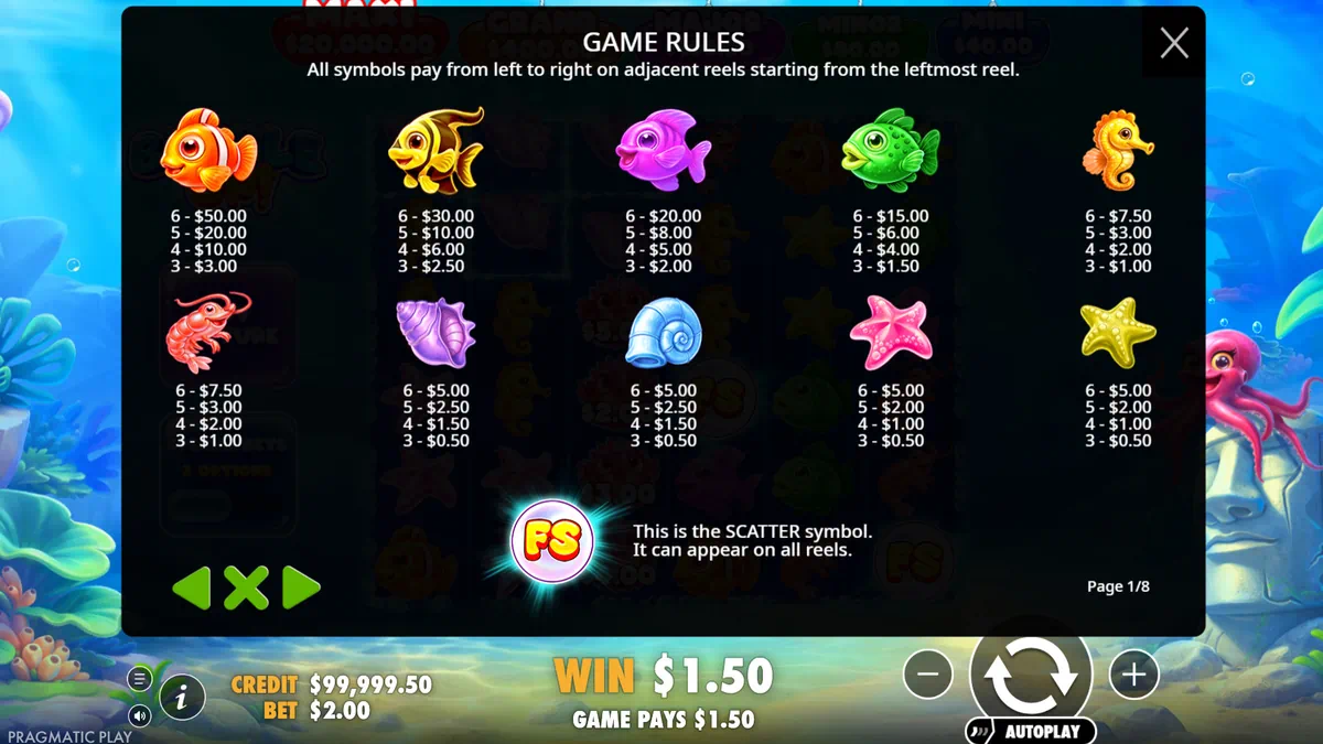 Bubble Up! paytable showing clownfish, angelfish, seahorse, shrimp, shell and starfish symbol values