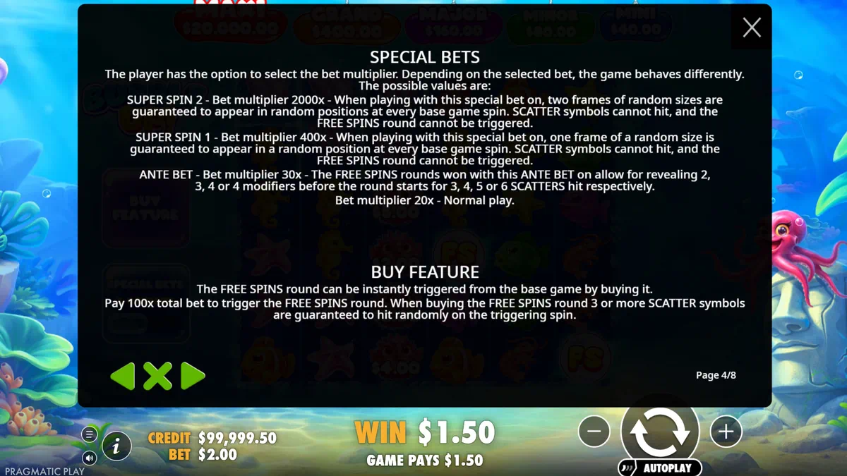 Bubble Up! Select a Special Bet menu with Ante Bet, Super Spin 1 and Super Spin 2