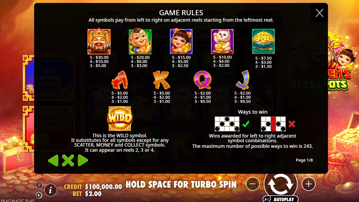 Caishen's Cash Pots paytable