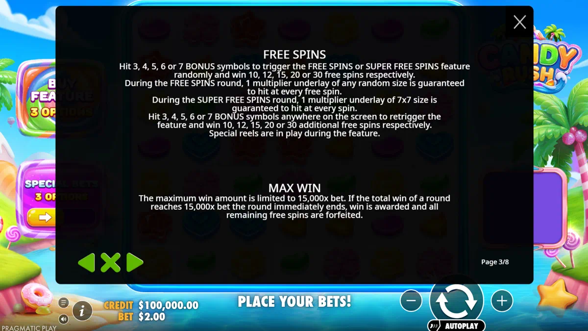Candy Rush free spins feature with multiplier underlay treasure chest visible beneath candy symbols on the 7x7 grid
