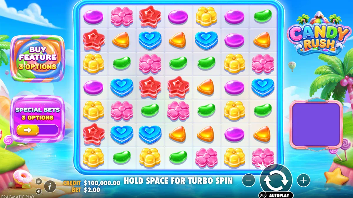 Candy Rush by Pragmatic Play - main game interface showing 7x7 grid with colourful candy symbols including stars hearts flowers and jellies on a tropical island background