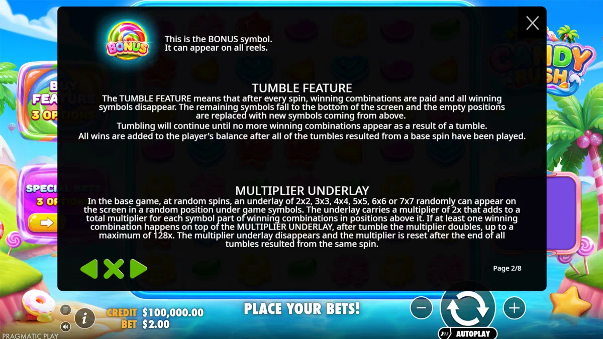 Candy Rush multiplier underlay feature showing a 128x multiplier zone beneath candy symbols on the 7x7 grid