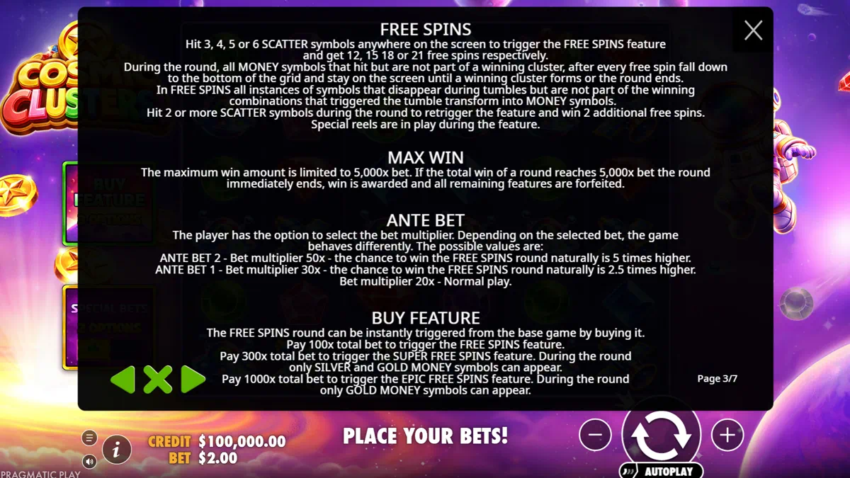Cosmic Clusters! free spins and money symbols rules