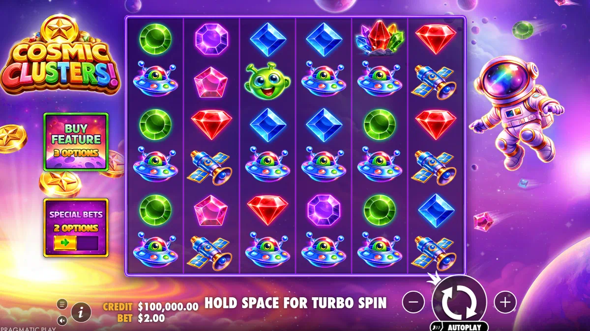 Cosmic Clusters! by Pragmatic Play - main game interface with 6x6 grid