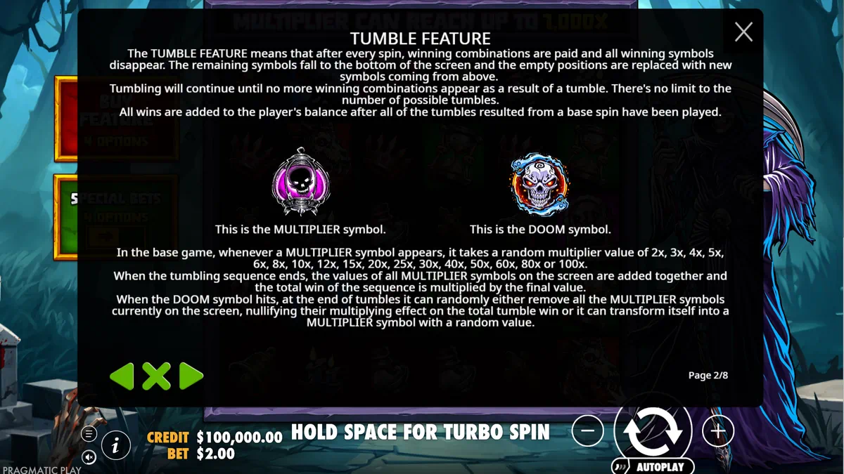Death Dominion tumble feature, multiplier and doom symbols