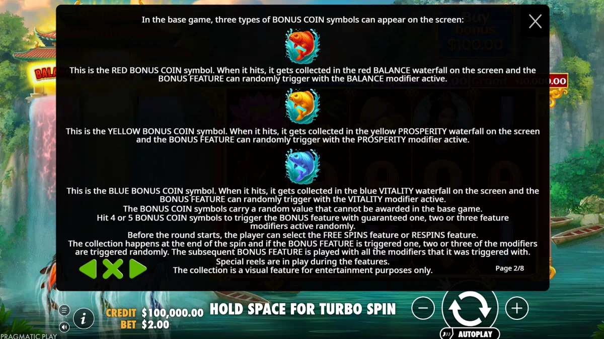 Dragon's Gate Bonus Choice rules page explaining the three bonus coin symbols - red koi for Balance, yellow koi for Prosperity and blue koi for Vitality modifiers