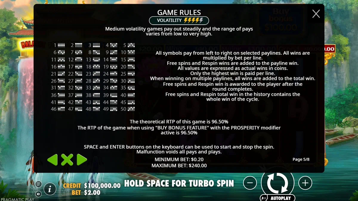 Dragon's Gate Bonus Choice bonus feature rules page explaining Free Spins with 5 spins, Respins with money symbols and modifiers Balance Prosperity Vitality
