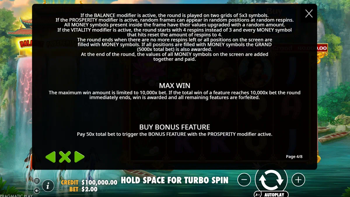 Dragon's Gate Bonus Choice jackpot meters showing Mini 20 Minor 40 Major 300 and Grand 10000 dollar prizes above the reel grid
