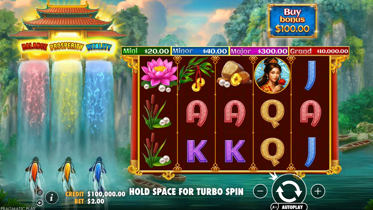 Dragon's Gate Bonus Choice by Pragmatic Play - main game interface showing 5x3 reel grid with three waterfalls labelled Balance Prosperity Vitality, four jackpot meters Mini Minor Major Grand and Buy Bonus panel
