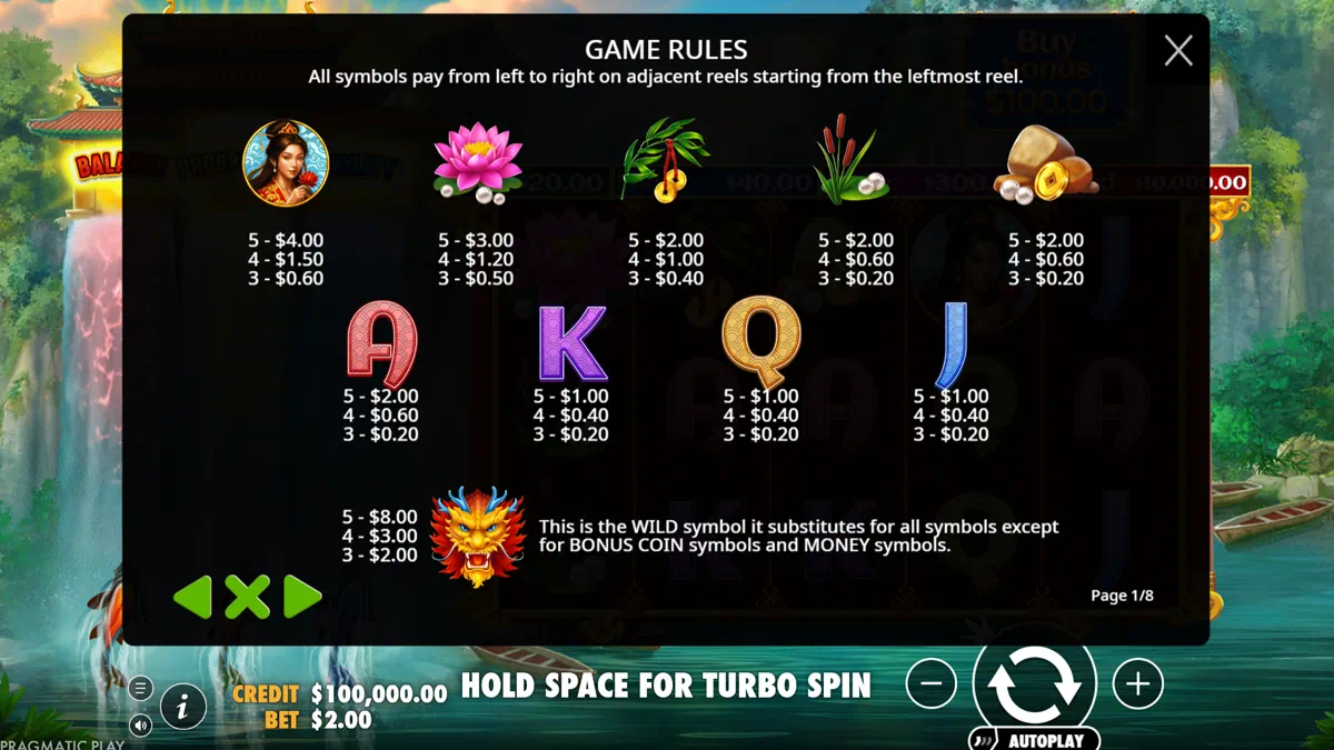 Dragon's Gate Bonus Choice paytable showing the lady symbol, lotus flower, bamboo with coin, cattails with pearls, stones with gold coin, card royals A K Q J and the dragon wild symbol with their payout values