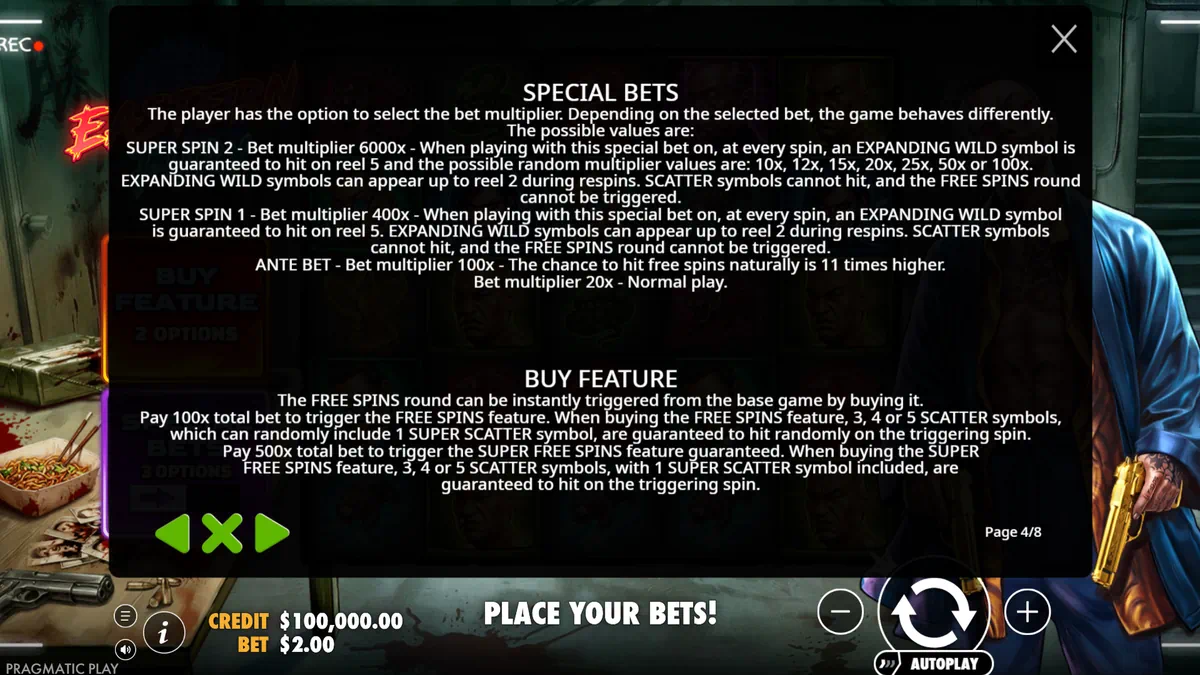 Eastern Fury buy feature menu with Free Spins and Super Free Spins options