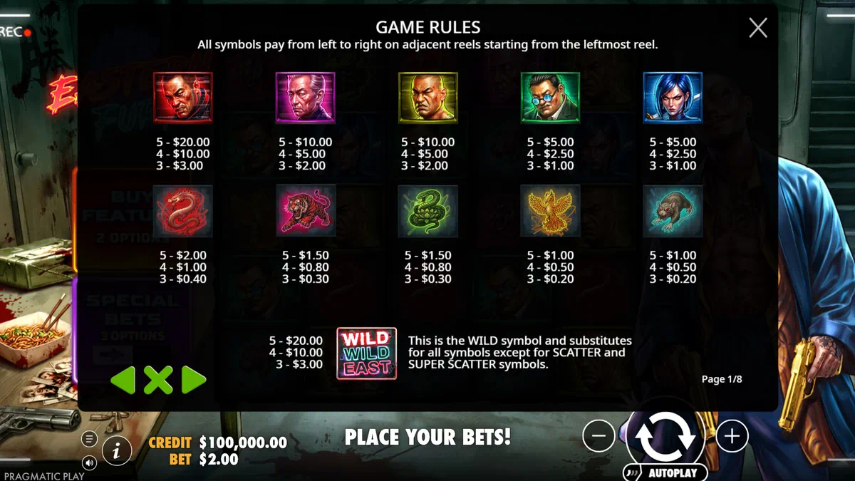 Eastern Fury paytable showing all symbol payout multipliers