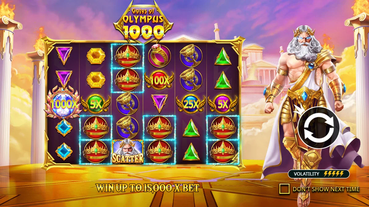 Splash screen showcasing the massive maximum win potential of up to 15,000&times; your bet in the Gates of Olympus 1000 slot by Pragmatic Play.
