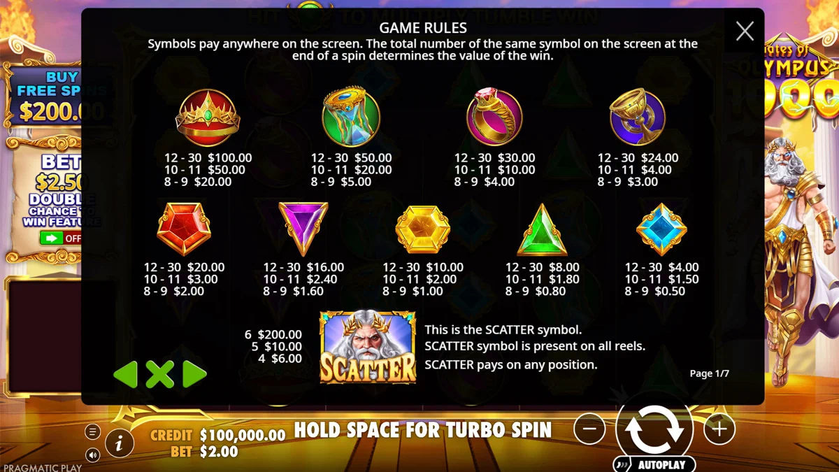 Page 1 of the Gates of Olympus 1000 slot game rules and paytable, illustrating symbol payouts for winning clusters and the Scatter symbol, by Pragmatic Play.