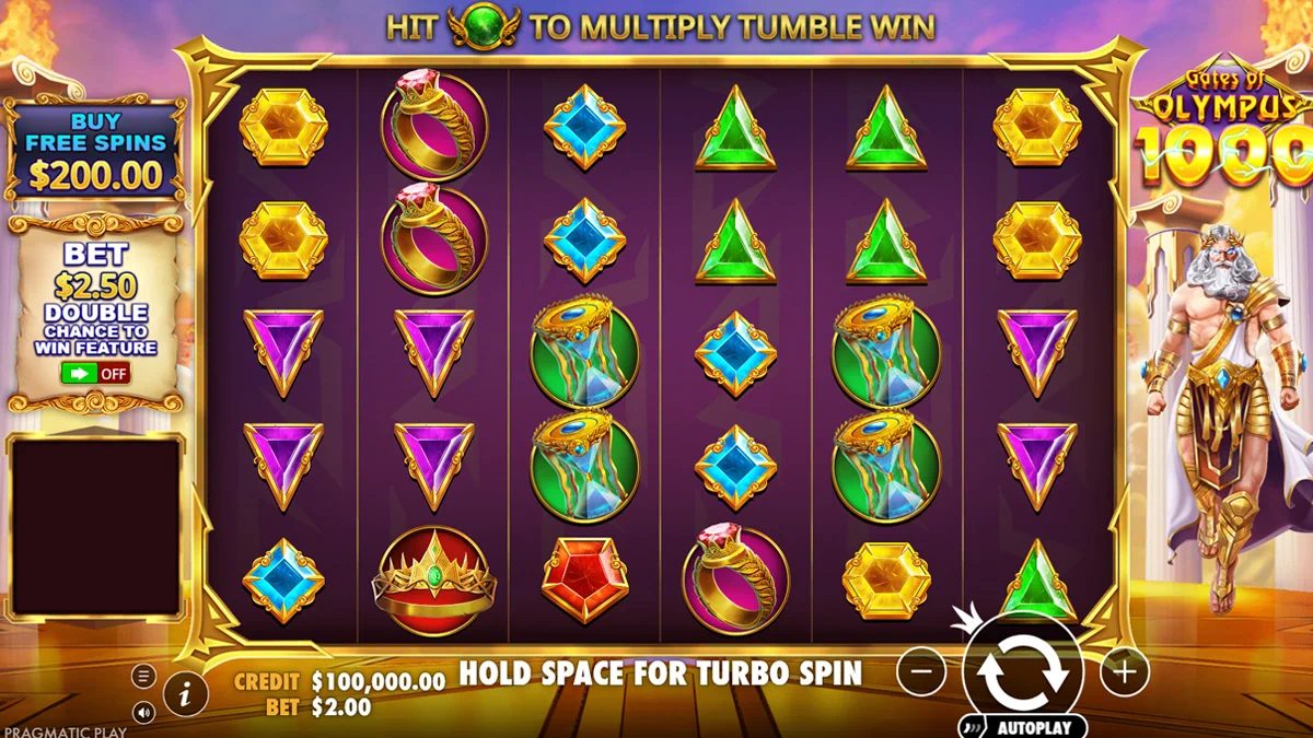 Gates of Olympus 1000 slot main game interface featuring a 6x5 grid with mythological symbols, the Zeus character, and comprehensive betting and control options by Pragmatic Play.