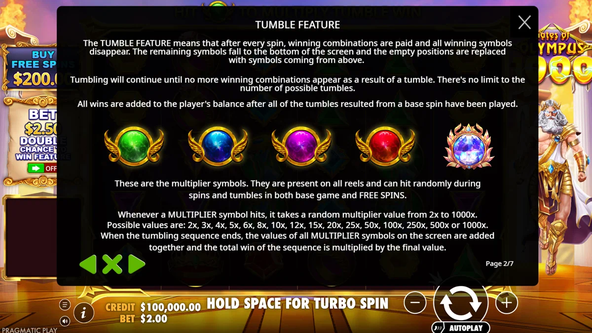 Page 2 of the Gates of Olympus 1000 slot rules explaining the Tumble feature and showcasing the various colored multiplier symbols that can appear on any spin, by Pragmatic Play.