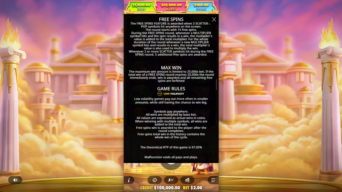 Gates of Olympus POP free spins, max win and RTP game rules screen