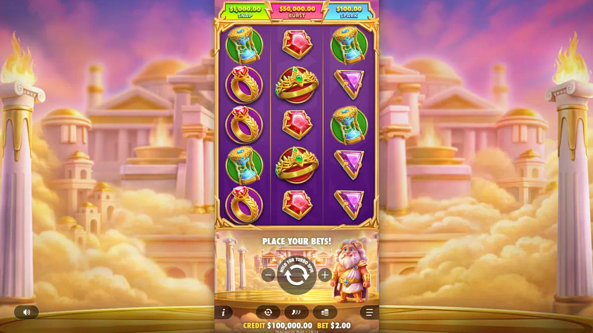 Gates of Olympus POP by Pragmatic Play - main game 3x5 grid with SNAP, BURST and SPARK prize tiers