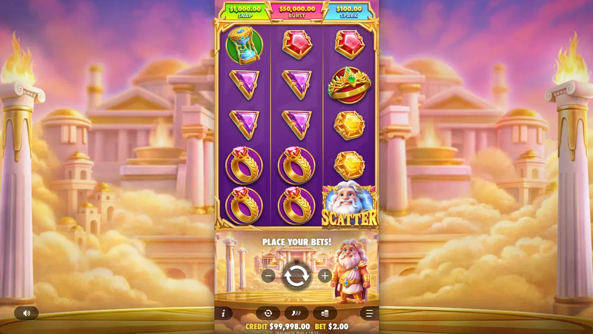 Gates of Olympus POP gameplay showing Zeus scatter symbol landing on the reels