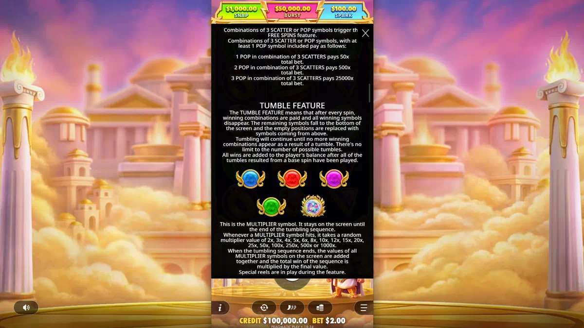 Gates of Olympus POP tumble feature and multiplier symbol rules