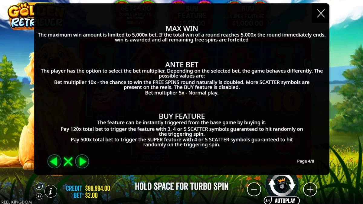 Golden Retriever buy feature and buy super feature purchase menu