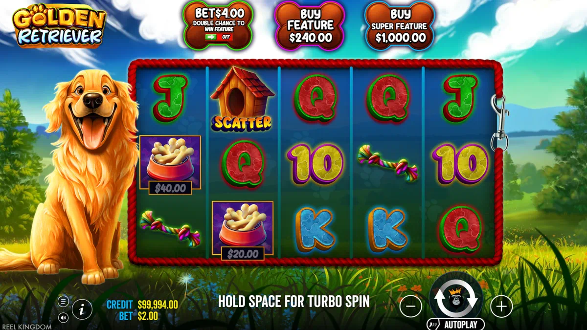Golden Retriever slot by Pragmatic Play - main game interface with money symbols and scatter