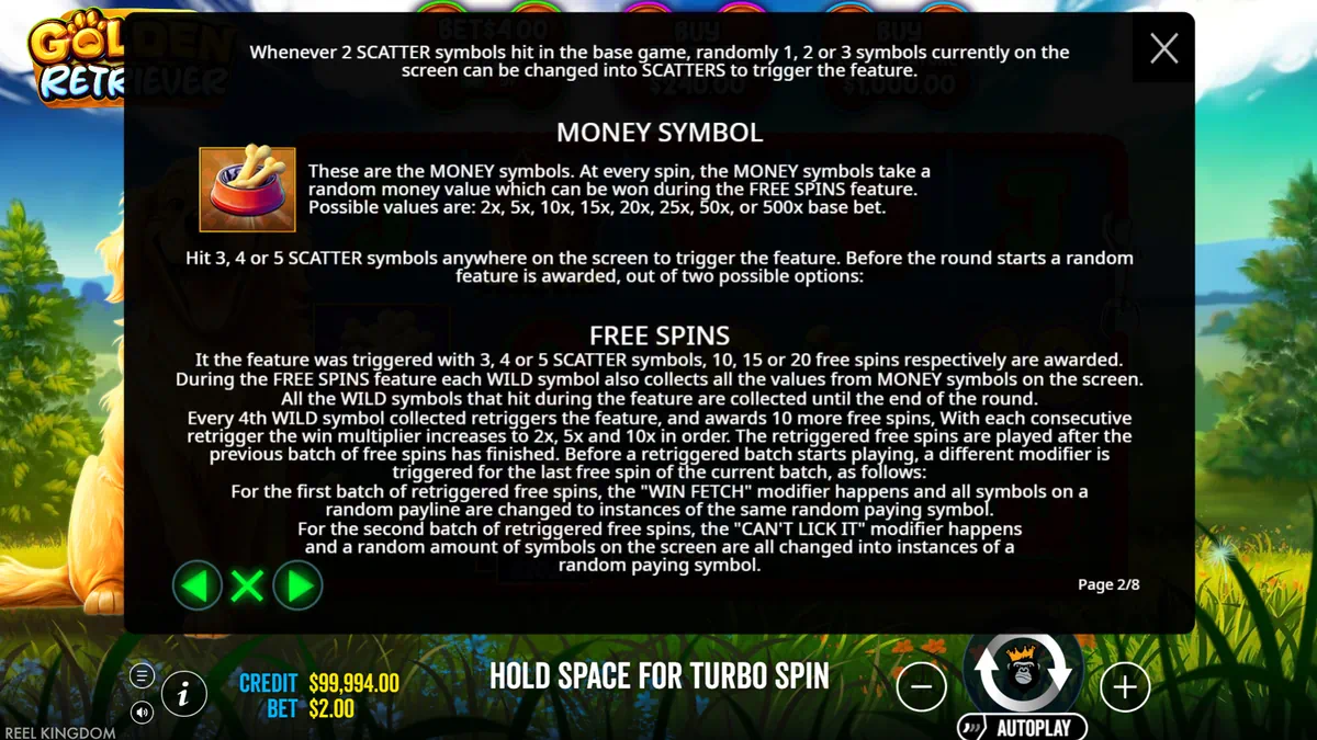 Golden Retriever money symbol and free spins rules explained