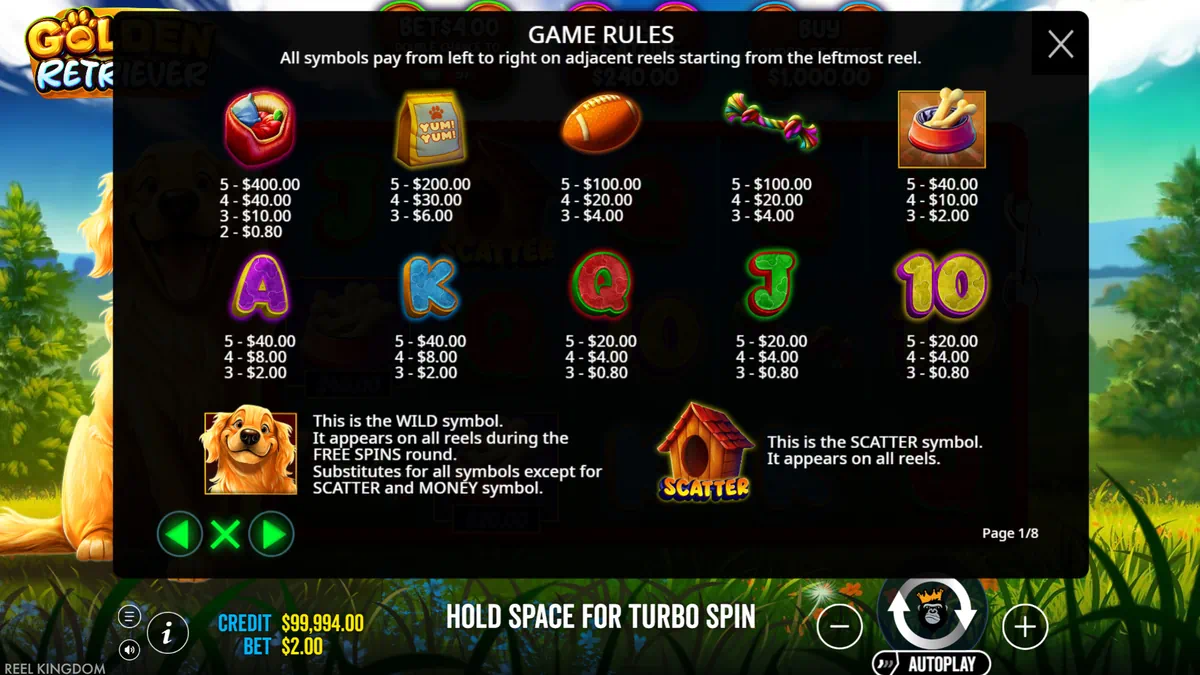Golden Retriever slot paytable showing symbol payouts, wild and scatter