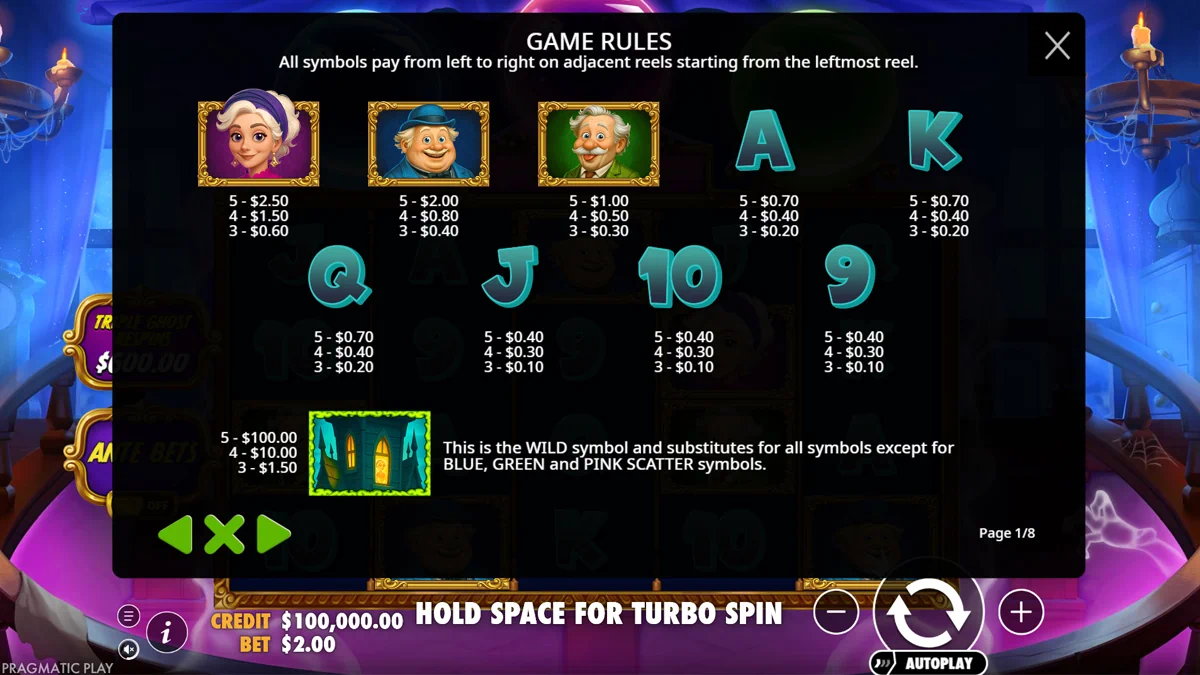 Great Ghosts! - Game rules explaining the Scatter symbols and Crystal Ball modifiers