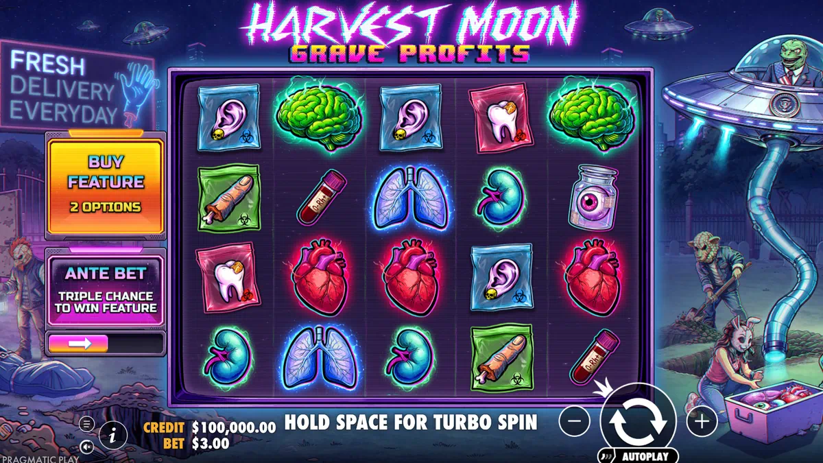 Harvest Moon – Grave Profits by Pragmatic Play - main game interface with organ symbols