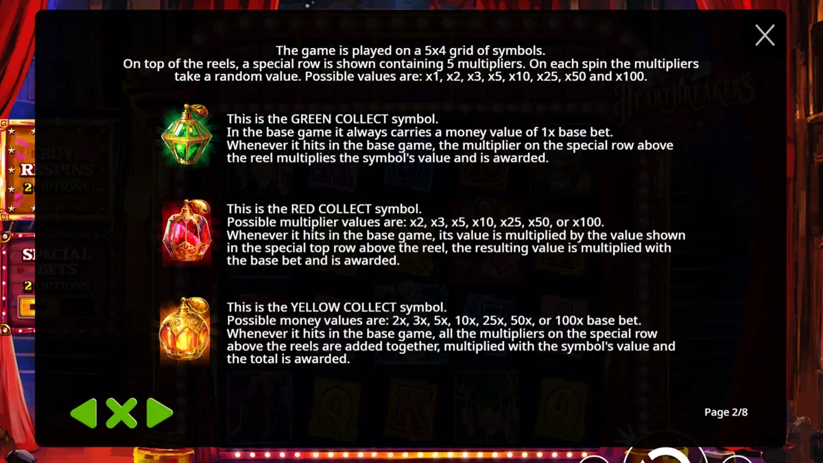 Heartbreakers Collect symbols rules page explaining Green Collect lantern carrying 1x base bet, Red Collect with multiplier values x2 to x100, and Yellow Collect with money values 2x to 100x base bet